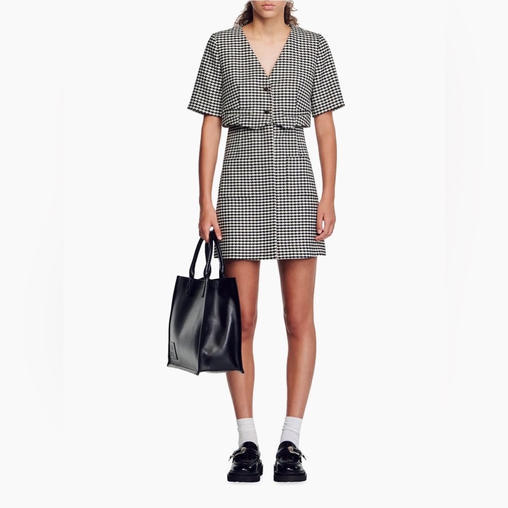 Sandro Short Houndstooth Tweed Dress Size 38 US 6 MSRP: $445 Excellent Condition